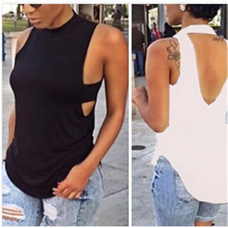 

Sexy Women Summer Casual Open Back Tank Tops Vest Basic Solid Black White Sleeveless Casual Summer Fashion Skinny Shirt