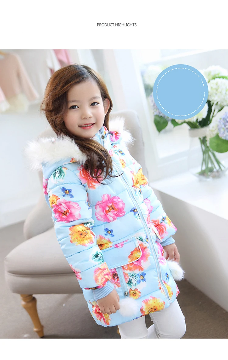Baby Girls Coats Children's Thickening Hooded Warm Winter Jackets Coat floral hooded down feather long down Coats For Teenage 3-10Y kids clothing (8)