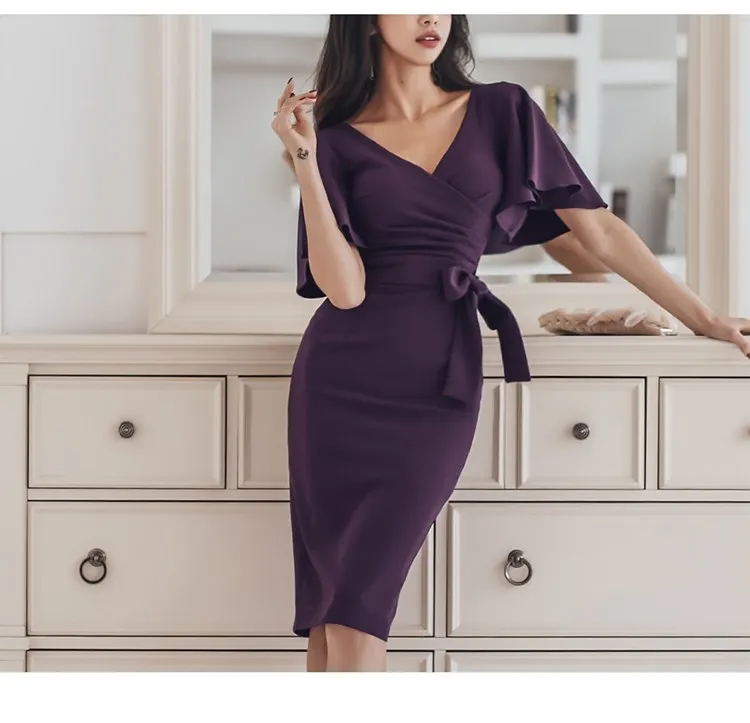 

2019 Summer Women Elegant Flare Sleeve Pencil Dress High Waist Lace Up Office Dress V-Neck Solid Sheath Dresses