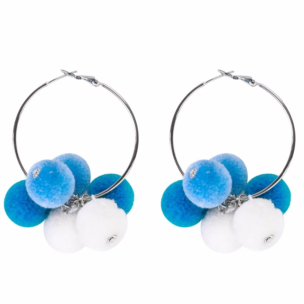 

New Fashion Women Pom Pom Hoop Earrings Geometric Blue and White Round Balls Ladies Girls Pompon Earings Brincos