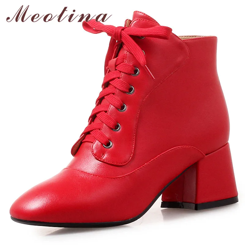 

Meotina Women Boots Autumn Ankle Boots Fashion Thick Heels Short Boots Lace Up Square Toe Shoes Lady Winter Red Plus Size 33-43
