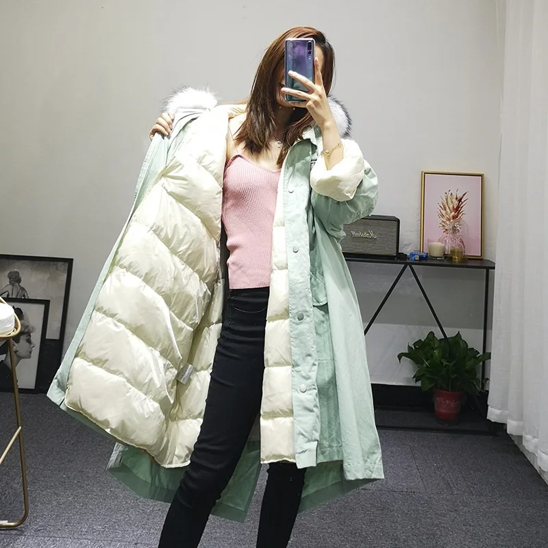Женская зимняя куртка, большая, натуральный мех енота, с капюшоном, свободная, съемная подкладка, пальто, однотонная, Корейская парка, белая, утиный пух, куртка 1209 - Цвет: Светло-зеленый