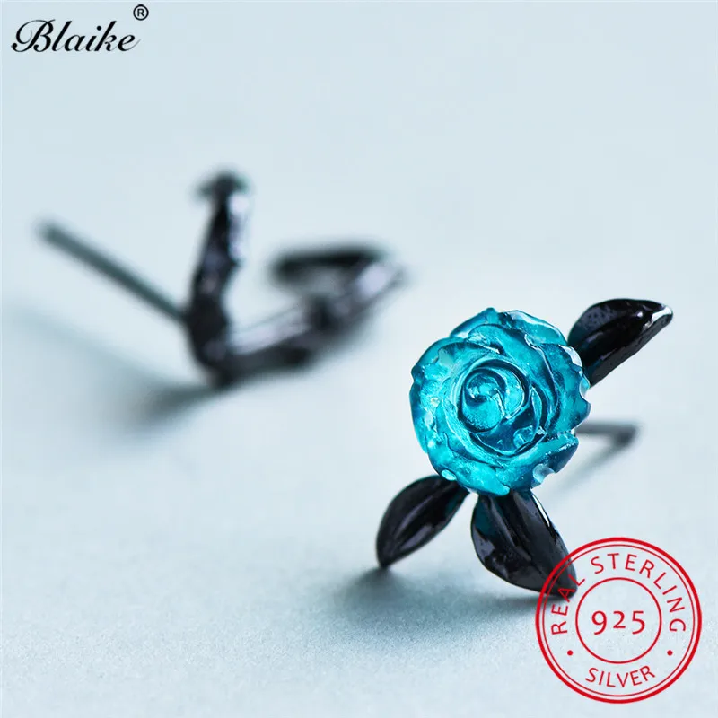 Blaike 925 серебро синяя Роза серьги гвоздики для женщин черное дерево лист Двойные Серьги Свадебная вечеринка ювелирные изделия