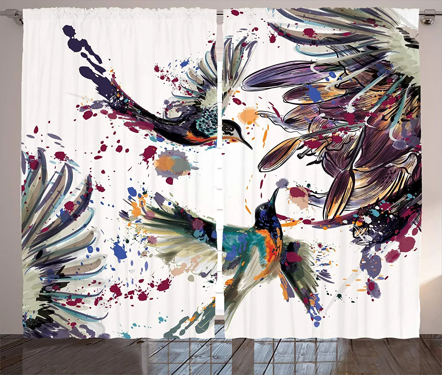 

Hummingbirds Curtains Art with Lily Flowers Birds and Color Splashes in Watercolor Painting Style Living Room Bedroom Decor