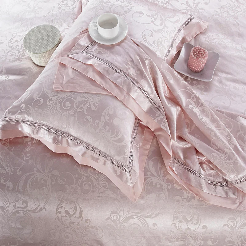 US $83.30 Home Textile Pink Jacquard Bedding Set Luxury 46pcs Solid Satin QuiltDuvet Cover Wedding Bedclothes Bed Sheet SilkCotton