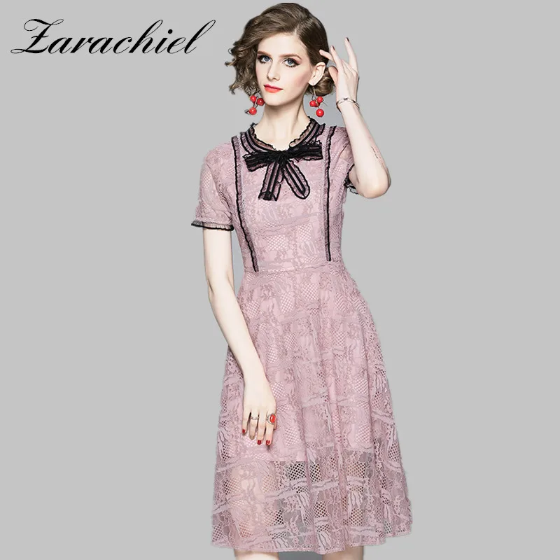 

2019 Fashion Summer Dress Women's Short Sleeve Bow Collar Lace Hollow Out Floral Elegant Pink High Waist Midi Party Dress