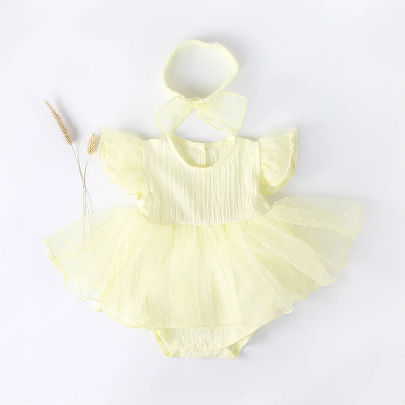 Летнее Детское платье принцессы с милыми цветами, Сетчатое треугольное платье для девочек, белый кружевной комбинезон, платье, наборы повязок на голову - Цвет: Цвет: желтый