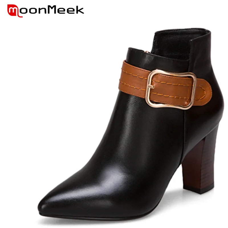 Moonmeek Mode Hiver Talons À Cheville Hauts Femmes En Cuir Apricot Automne Arrivent Bottes Dames noir Nouveau Véritable KlJcF1