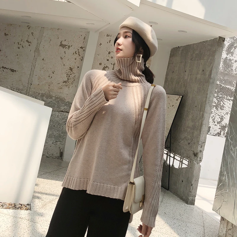 

Fall and winter short loose front short back long sweater versatile languid wind turtleneck wool knit primer