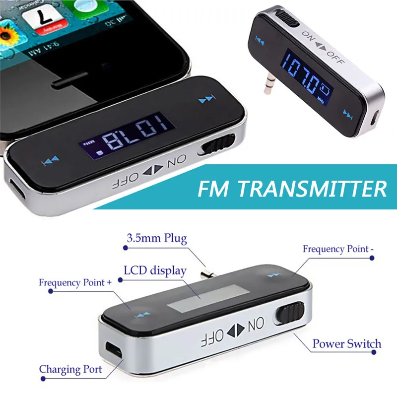 New Mini Wireless In car Transmitter Fashion 3.5mm Music Audio FM