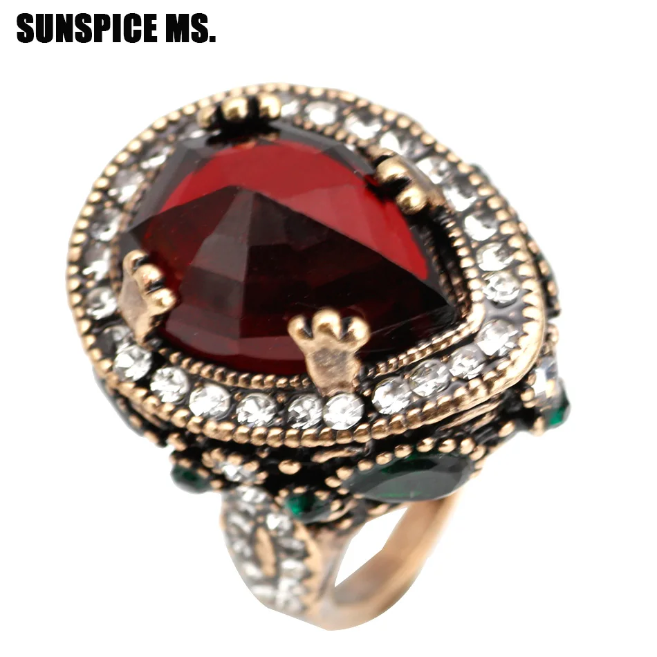 

Retro Turkish Big Colorful Natural Stones Ring Antique Gold Color Ethnic Wedding Banquet Rings Bijoux Betrothal Gifts 2018 New
