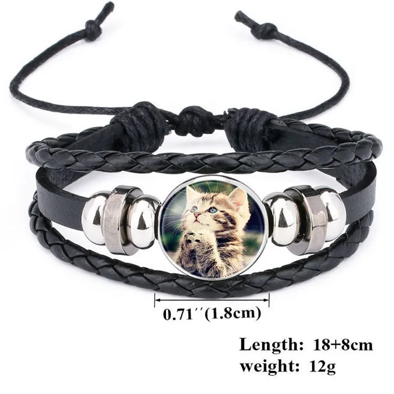 Harajuku Style Cat Jewelry with Glass Cabochon Cheshire Cat Pattern Bracelet Genuine Leather Multilayer Beaded Bracelet Bangle