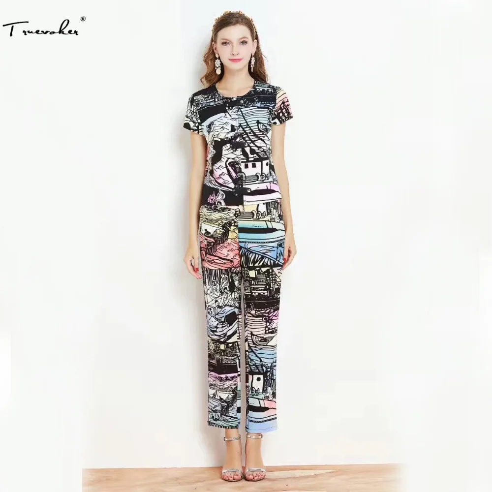 Truevoker 2017 Designer de Verão Conjunto de Duas Peças Terno das Mulheres de Alta Qualidade Abstrato Multicolor Impresso T + Terno de Calça Ocasional