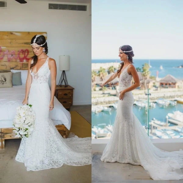 2017 Real Photos Boho Garden Beach Sheath Wedding Dresses Full Lace Court Train Sexy V Neck Country Style Bridal Gown Vestido Custom Made
