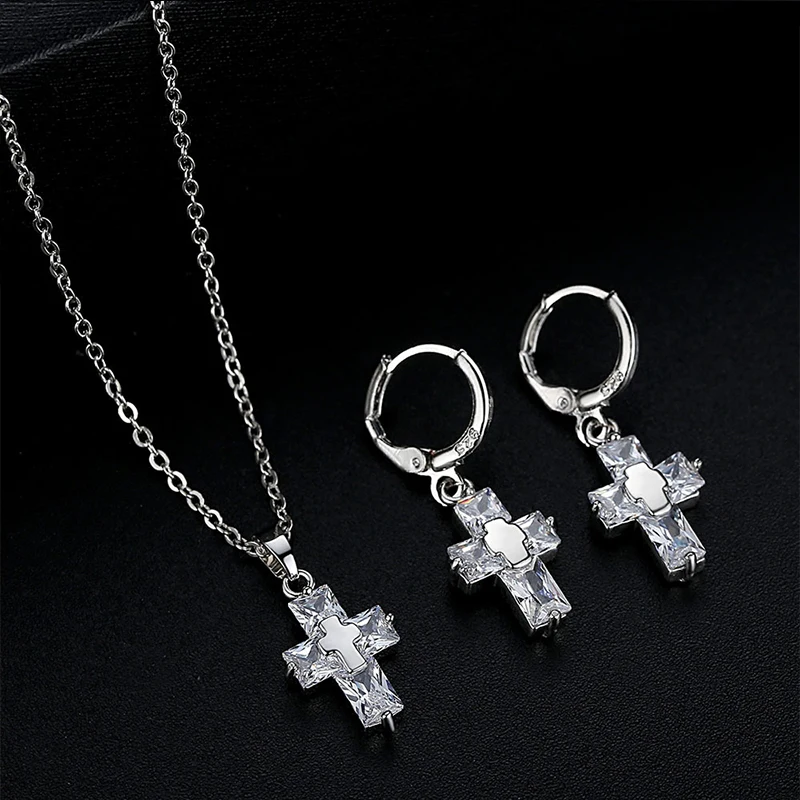 

New Cubic Zircon Cross Pendant Necklace And Earring Jewelry Sets For Women Classic 3 Color Cross Stud Earrings Drop Shipping