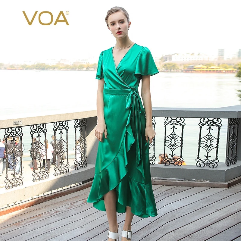 

VOA Sexy V Neck Silk Wrap Night Dress Women Irregular Robe Party Dresses Ladies Belt Bow High Waist Clothing Summer ALX00601