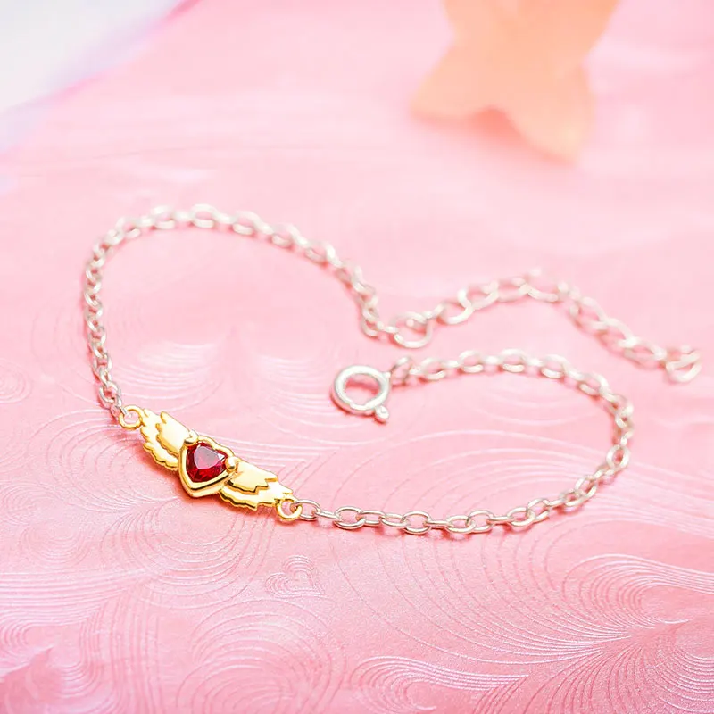 S925 карты Captor Sakura Kinomoto Сакура Красное сердце с золотыми крыльями браслет ручной