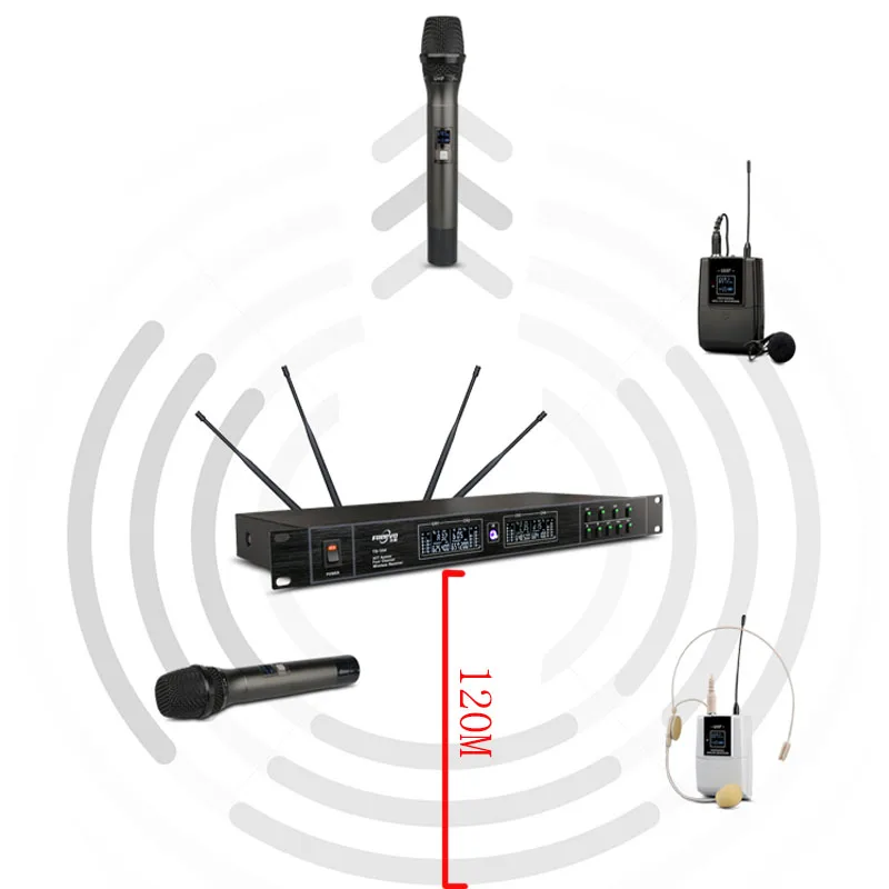 Одежда высшего качества 4 канала Беспроводной система микрофонов UHF караоке Системы беспроводные четыре ручной микрофон поясной дома