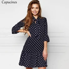 Capucines Галстук-бабочка точка Распечатать платье осень Половина рукава женщины Мини Шифон платья Расклешенный рукав V-образный вырез Прямо Повседневная Платье С оборками