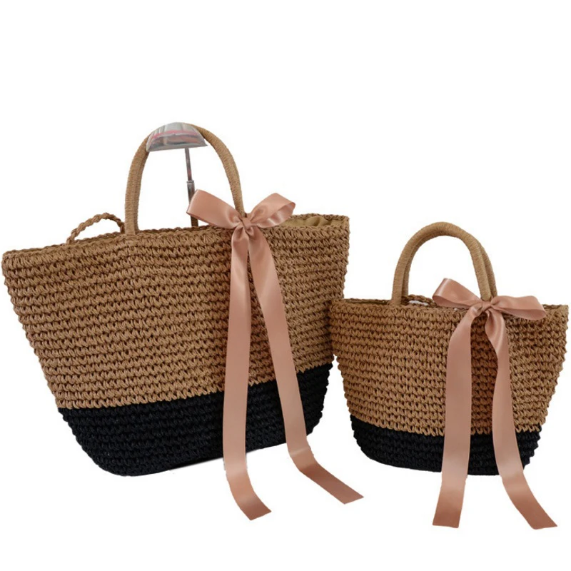 

Summer Ribbon Straw Beach Bag Handmade Handbag Big Women Woven Crossbody Bag Travel Casual Shopping Tote Holiday Shoulder Bags
