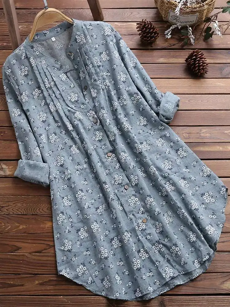 

2019 Spring Plus size Women Blouses Casual Print Vintage Long Tops Shirt Cotton and Linen Loose Large size Blouses Shirts S-5XL