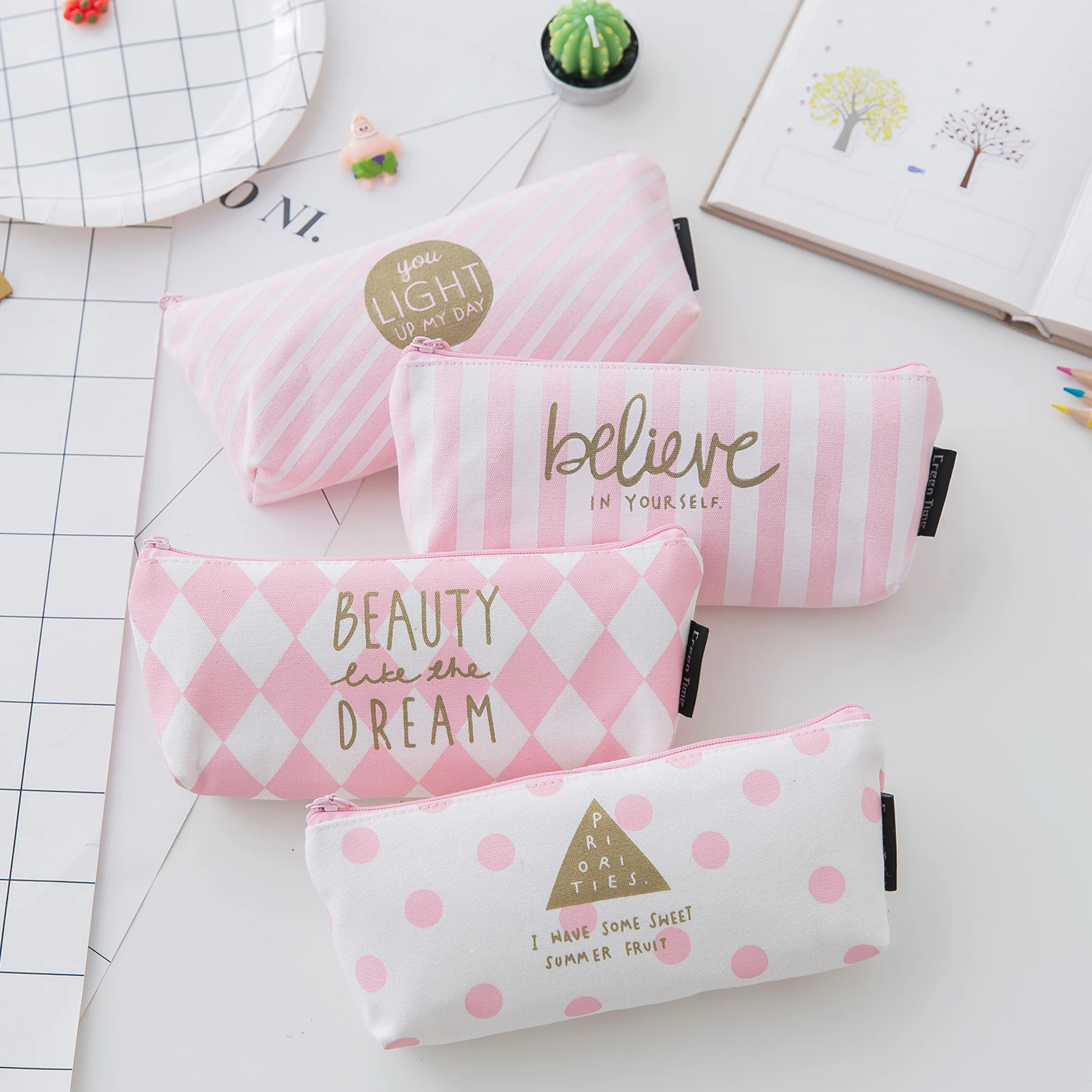 

Junejour Storage Box Pencil Pen Storage Bag Obtrapezoid Students Sundries Creative Cute Pink Stationery Bag Office Organizer