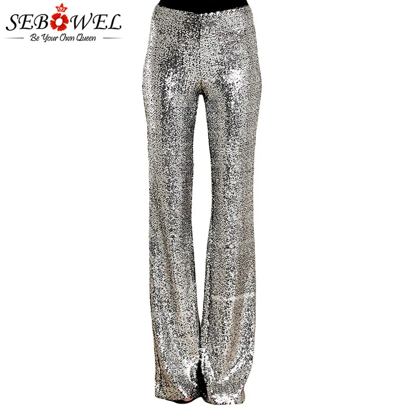Online SEBOWEL Lunga Gamba Larga Paillettes Pantaloni Donna Glitter Argento Nero A Vita Alta Pantaloni per la Femmina Del Partito di Ballo Svasato Gambe Dei Pantaloni 2019