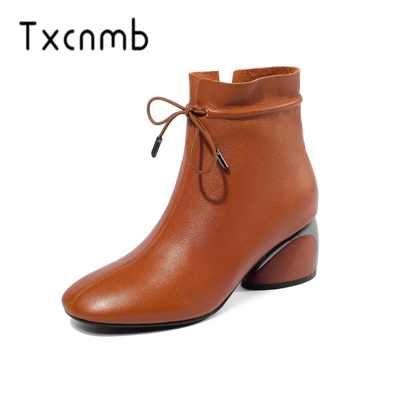 

TXCNMB Fashion Boots Women Ankle Boots Genuine Leather Autumn Winter Warm High Heels Side Zipper Motorcycle Brand Shoes Woman