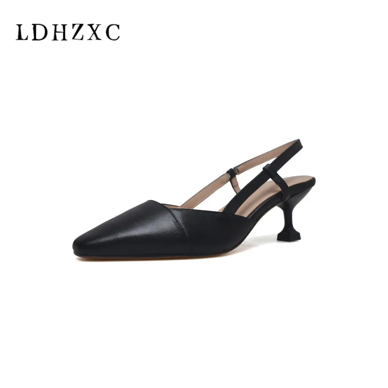 

LDHZXC 2018 New thin heel women sandals Genuine leather fashion Pointed Toe Heels Buckle Strap Women High Pumps Leather Shoes