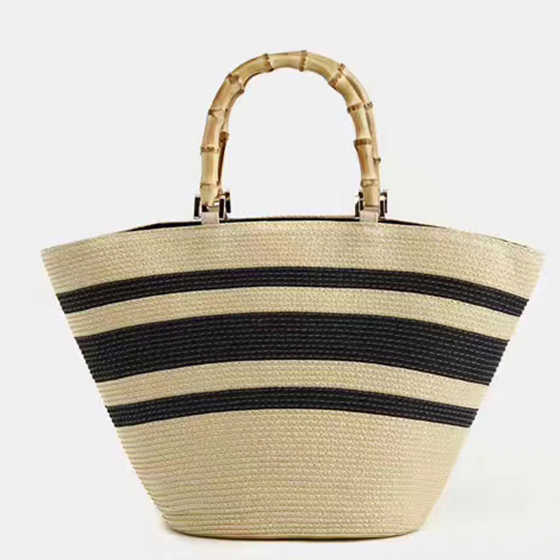 Модная повседневная женская сумка на плечо, цветная полосатая соломенная сумка с бамбуковой ручкой, ПП тканая сумка с травой