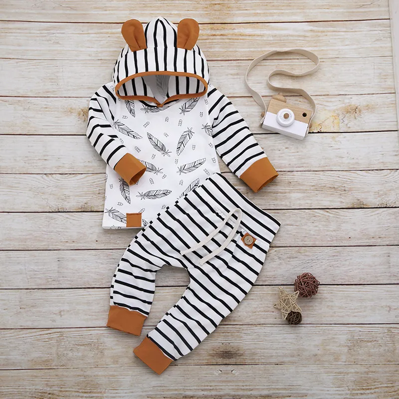 Toddler Infant Baby Girls Clothes Autumn Tracksuit Striped Printed Hooded Sweater+Leggings Pants Outfit Set 0-24M