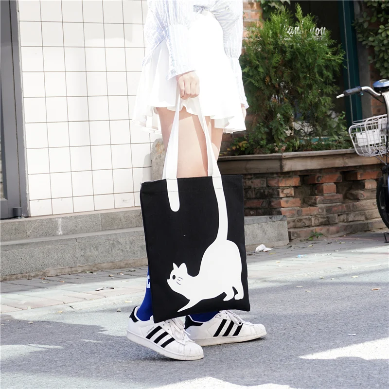 JANESPRI Fashion Women Canvas Handbag Girls Cute Cat Printed Travel Shoulder Bags Causal Lady Handbags Female Shoulder Tote BagsDSC06417