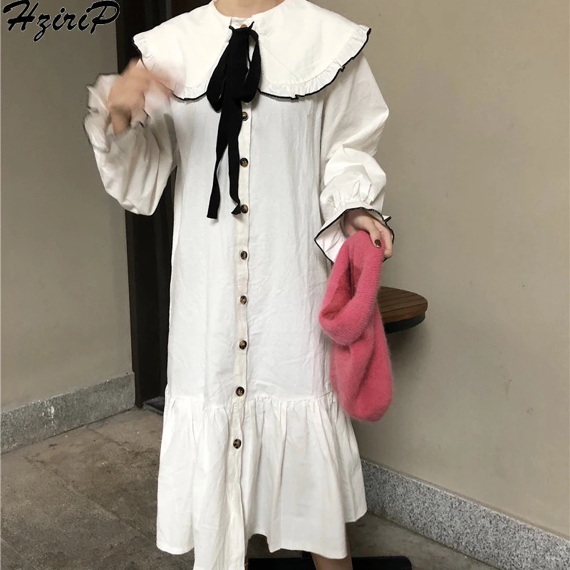 

HziriP New Solid Dress Women Loose Sweet Lace 2019 Spring Autumn Single Breasted Peter Pan Collar Fashion Slim Preppy Style