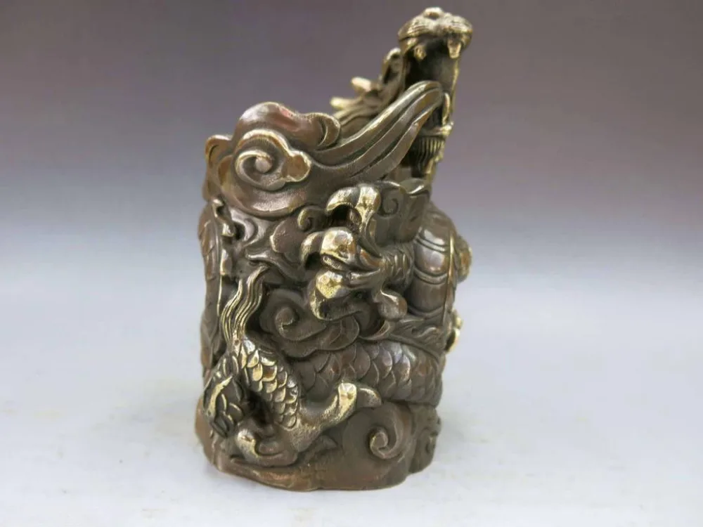 China Brass Copper Animal Dragon Statue pen container pencil vase brush pot 