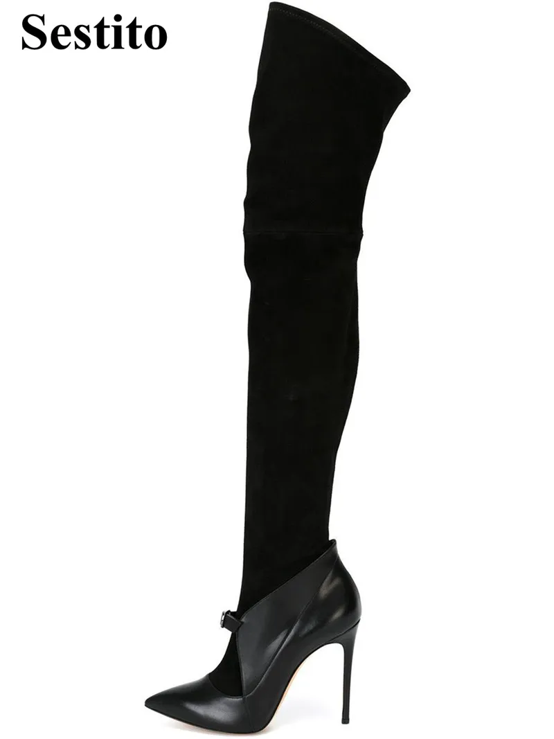 

2018 European Black Pointed Toe Thigh High Boots Super High Heel Dress Thin Heels Over-the-Knee Boots Women Slip-on Ladies Shoes