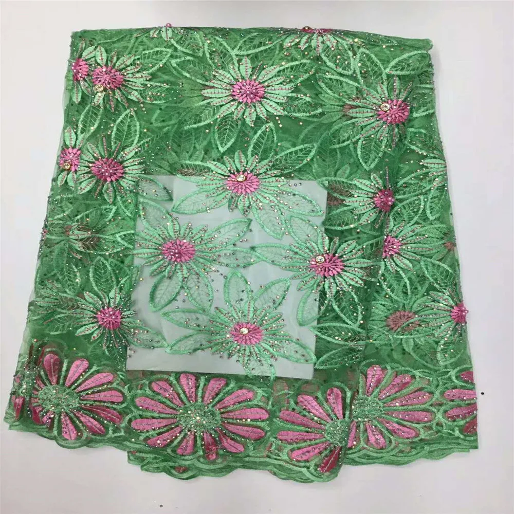 

Latest Dress Fashion 2018 Green Embroidered French Tulle Lace Fabric With Stones X370-4