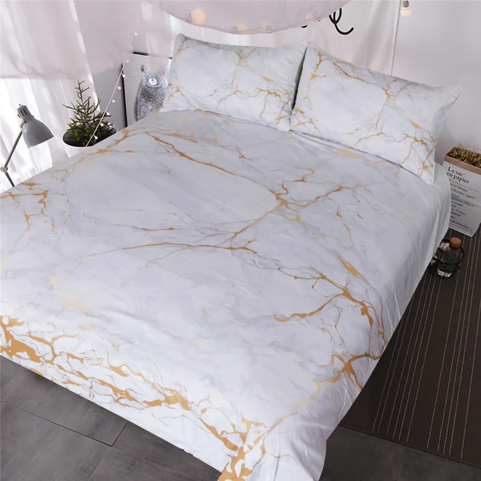 

BlessLiving Gold and White Marble Bedding Set 3 Piece Nature Inspired Abstract Toned Home Textiles Old Fashion Rock Duvet Cover