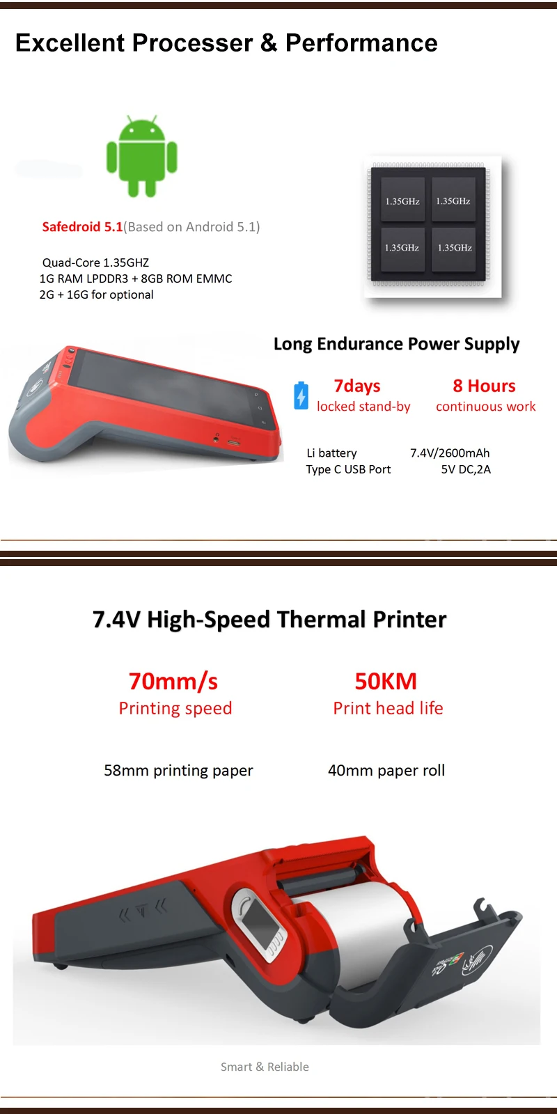 3g/4G/wifi 5,5 дюймовый сенсорный экран ручной Edc отпечатков пальцев pos-терминал для Android с принтером NFC считыватель HCC-Z100