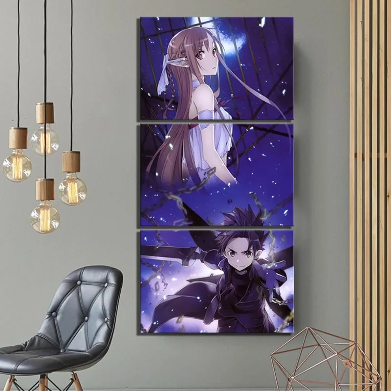 Home Decor Canvas Printed HD 3 Piece Anime Sword Art Online Painting Modular Picture Role Boys Girls Room Poster Framed Wall | Дом и сад