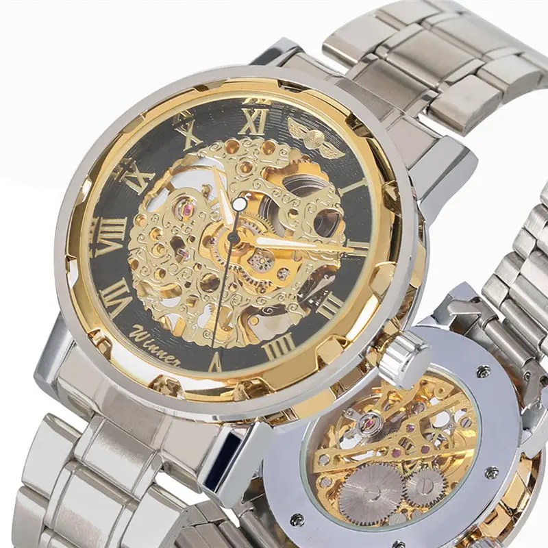 

Luxury Men Watch Stainless Steel Skeleton Mechanical Hand Wind Watch Tevise Luminous Hands Hollow-out Wristwatch reloj hombre