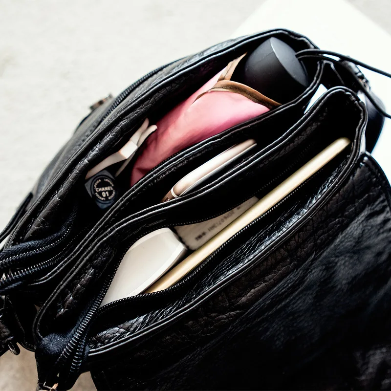 Annmouler Fashion Women Crossbody Bag Black Soft Washed Leather