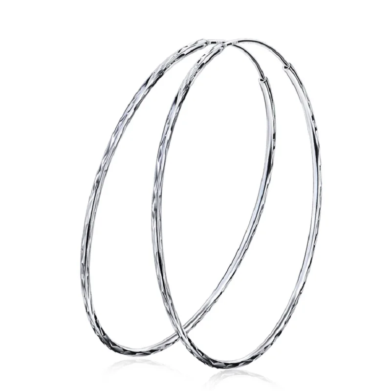 

Silver 60mm Diameter Big Large Hoop Earrings Rhombus Engraved Earrings Solid Sterling Silver Earring Women Jewelry Party aretes