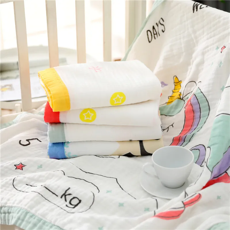 4 слоя бамбуковый муслин одеяло широкий бордюр медведь мультфильм ребенка пеленать обертывание мама кормления покрытие банное полотенце детское одеяло для новорожденных