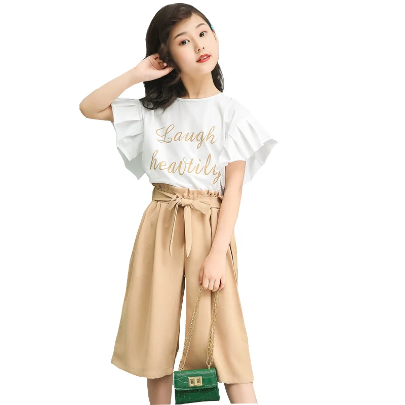 

Teenager Kids Girls Children Summer Sweet Korean Ruffle t shirt +Wide Leg Pants 2pcs Tracksuit Clothing Sets For Girls Sets New