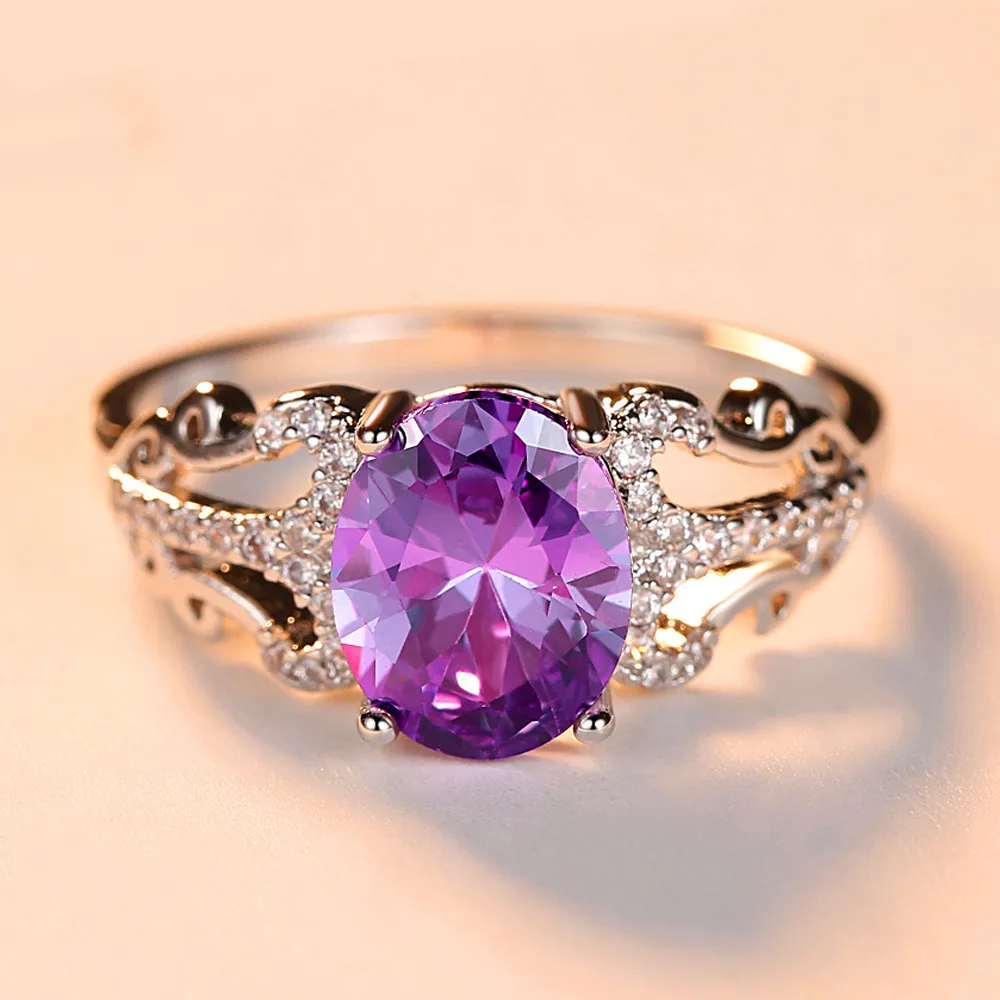Cute Fashion Purple Oval Stone Ring Female Silver Wedding