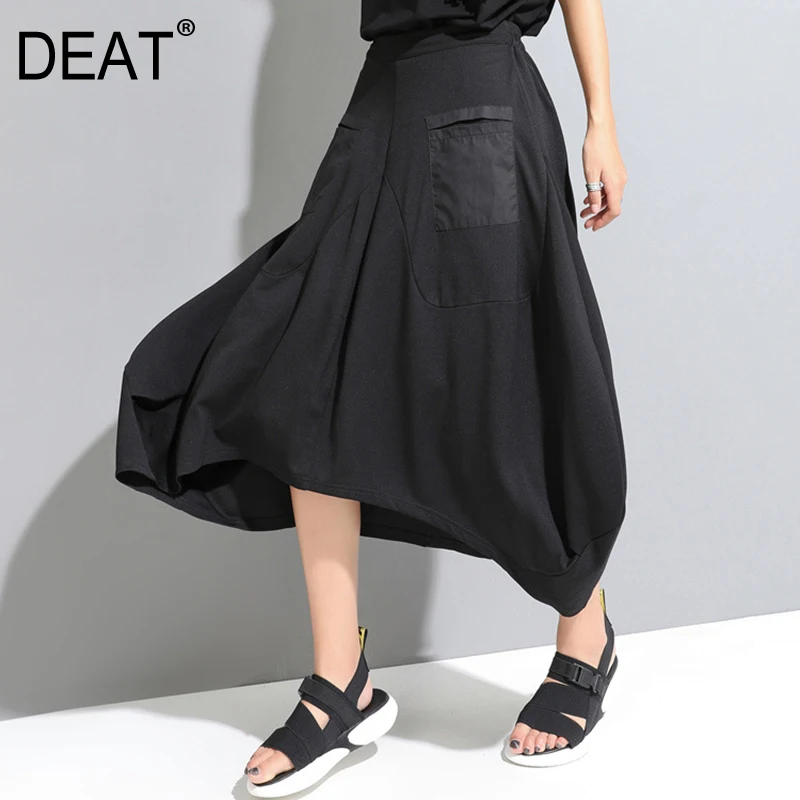 

[DEAT] 2019 New Autumn Winter High Elastic Waist Black Pocket Split Joint Loose Irregular Half-body Skirt Women Fashion JW88