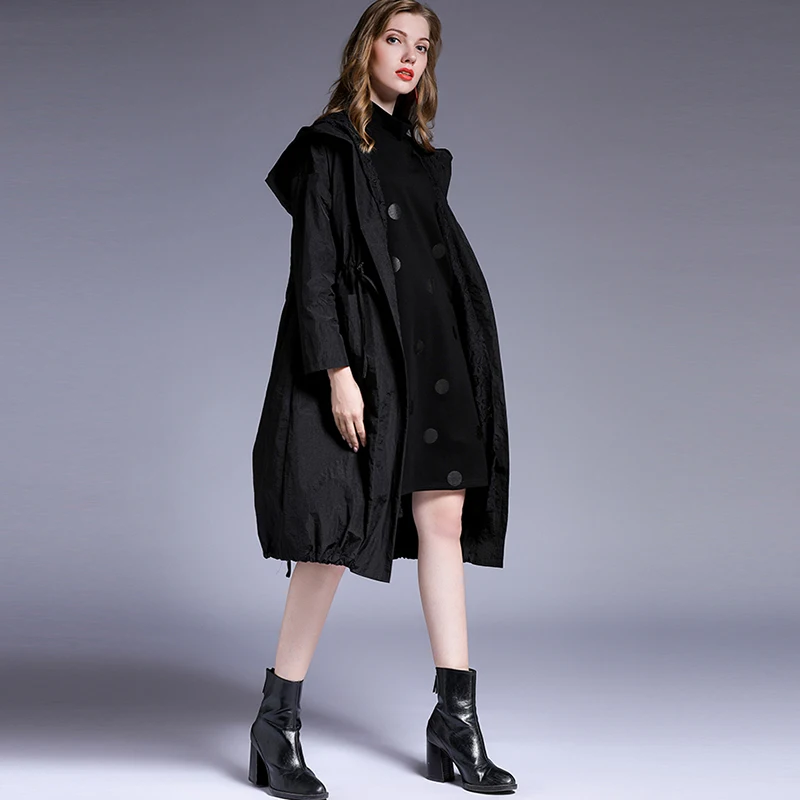 Spring Autumn new Big size long sleeve lace Hooded trench coat Large size ladies' draw string loose lace Elegant coat red black