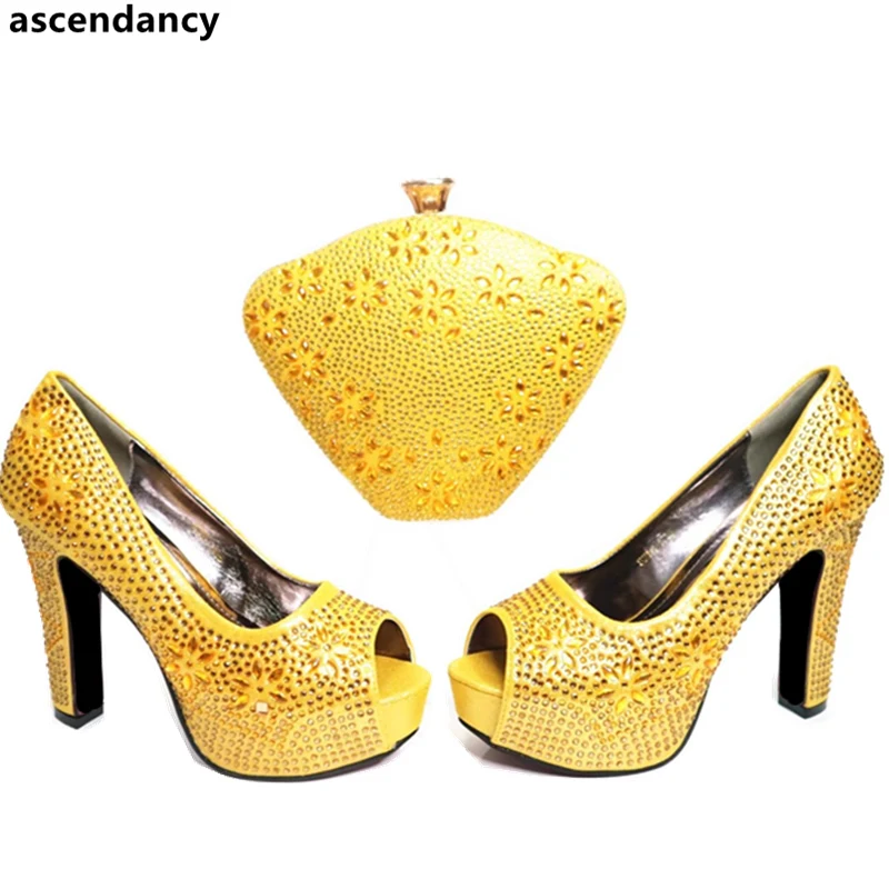 Italian Women Shoes and Bag Set Yellow Color Matching