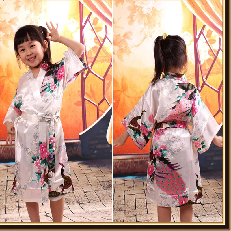 Peacock Kids Robe Satin Children Kimono Robes Bridesmaid Flower Girl