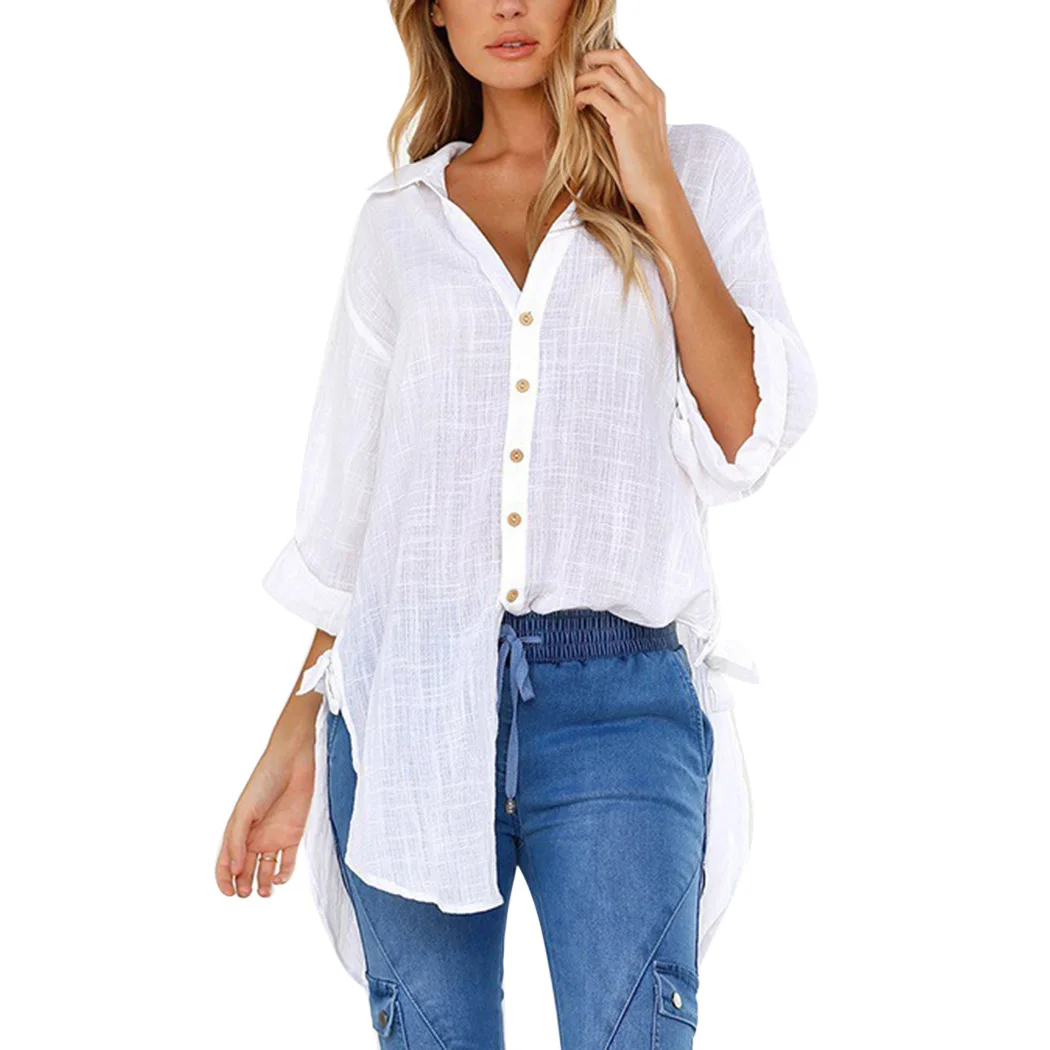 Fashion Ladies Office Shirts V Neck Lace Up Button Blouses Women Loose ...